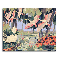 A vivid, stylized paint by numbers scene of pink roseate spoonbills taking flight through a moss-draped cypress swamp, with a crested white egret perched in the foreground beside orange swamp blossoms and still water.