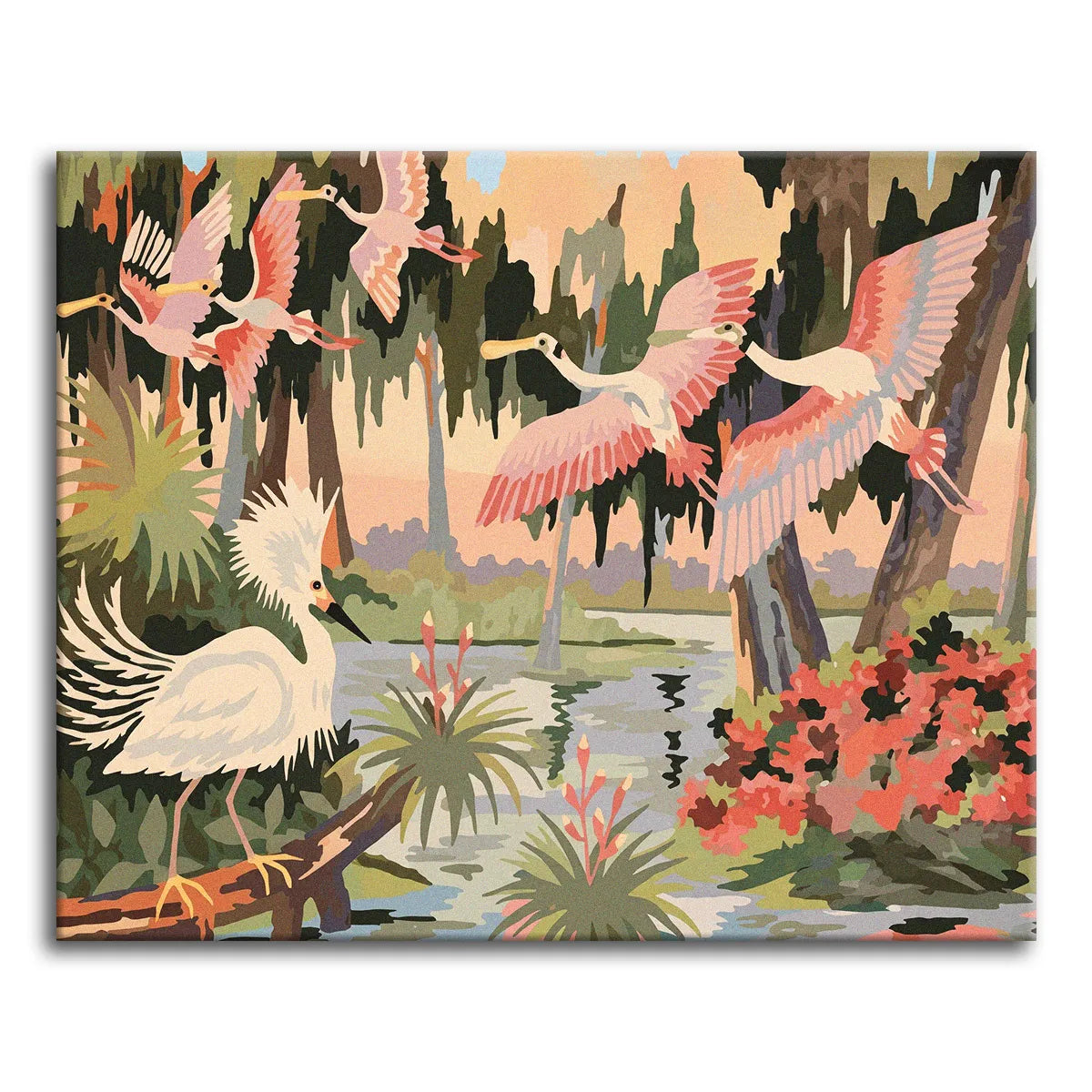 A paint by numbers cypress swamp with pink roseate spoonbills in flight, a white crested egret on a log, Spanish moss, and red azaleas.