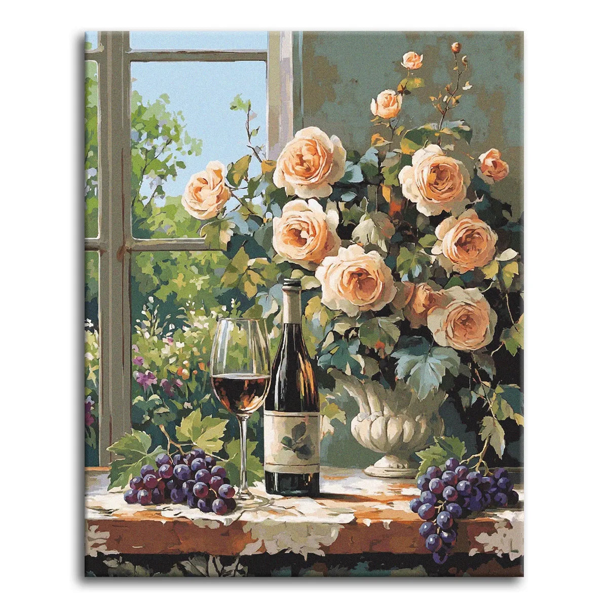 A warm vintage paint by numbers still life of blush roses in a white urn beside a bottle of wine, a filled glass, and clusters of grapes on a sunlit windowsill, with a green summer garden visible through the window.