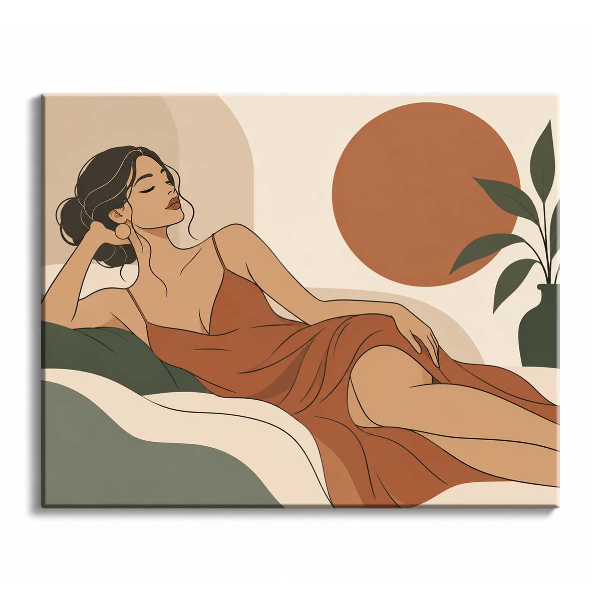 On a cream couch, a woman in a rust dress reclines in a lounging woman paint by numbers design beside a leafy plant.