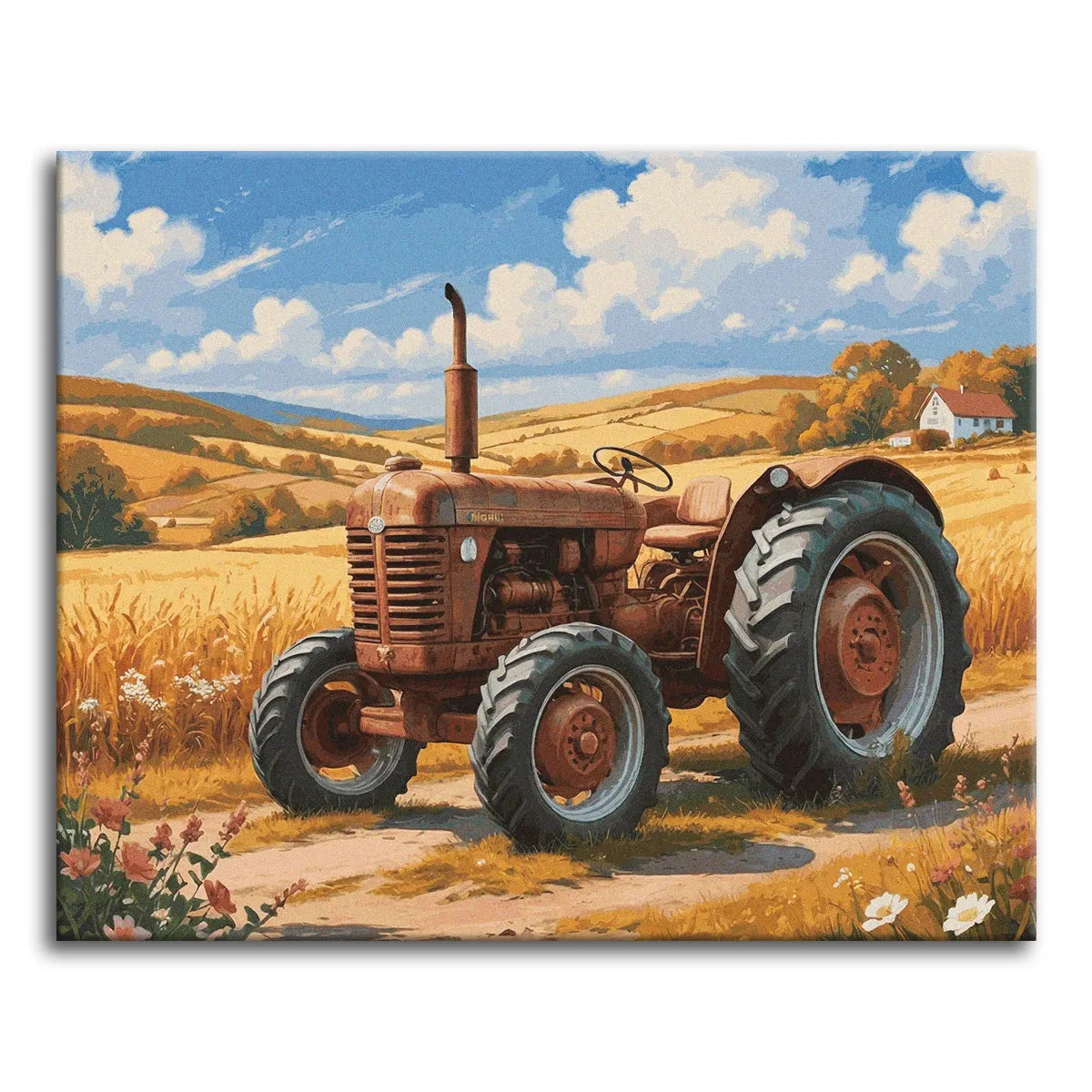 A bright paint by numbers countryside scene of a rust-red vintage tractor on a dirt track through golden wheat fields, with wildflowers, rolling green hills, a distant farmhouse, and big white summer clouds.