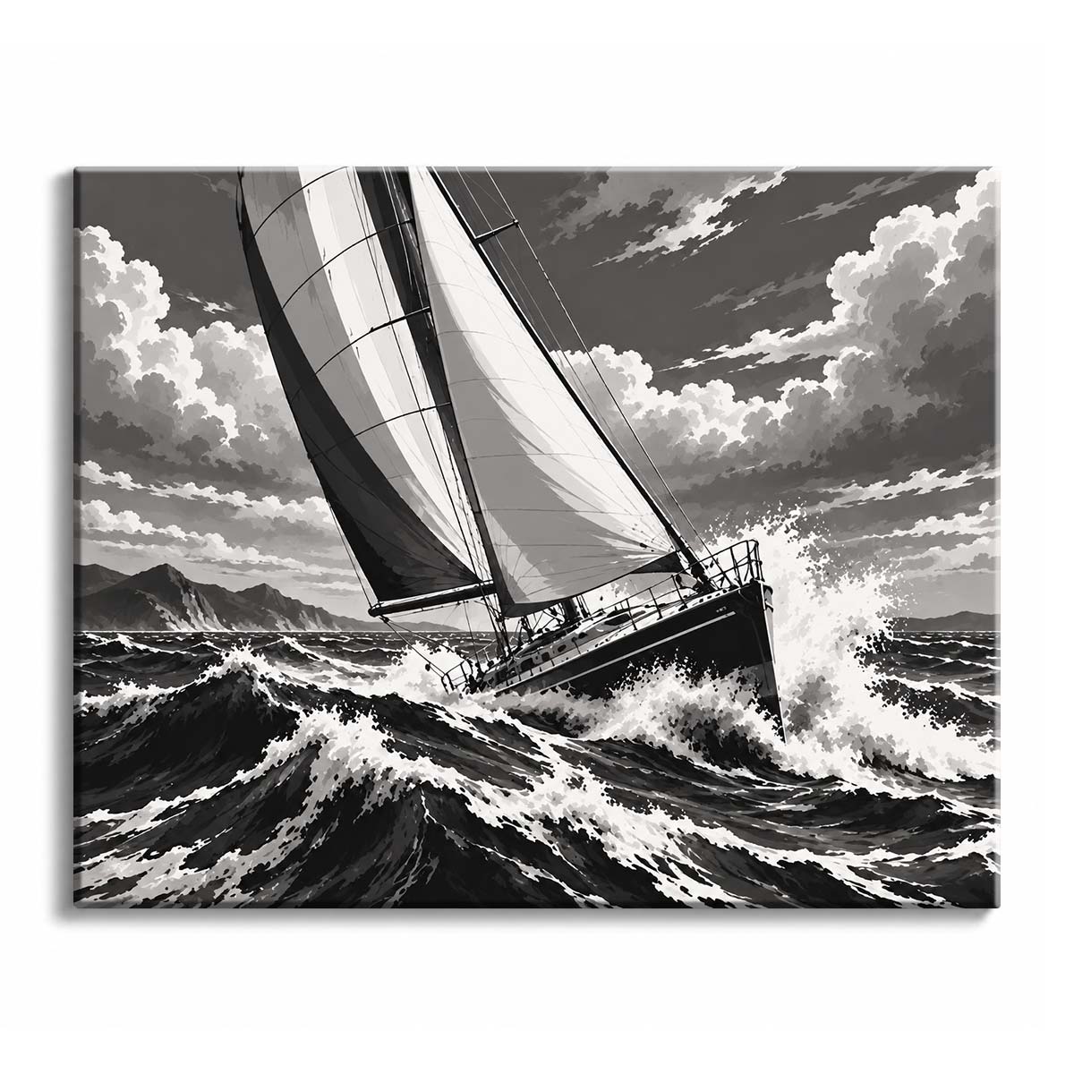 Spray bursts over the bow of a sailboat leaning into a breaking wave beneath heavy clouds, rendered in black and white as a paint by numbers design.