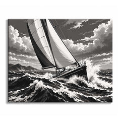 Spray bursts over the bow of a sailboat leaning into a breaking wave beneath heavy clouds, rendered in black and white as a paint by numbers design.