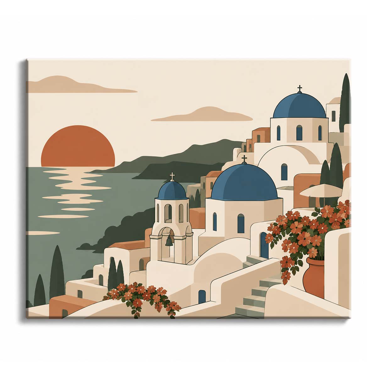 A Santorini paint by numbers design showing blue-domed white buildings, rust flowers, a terracotta sun, and the sea below.