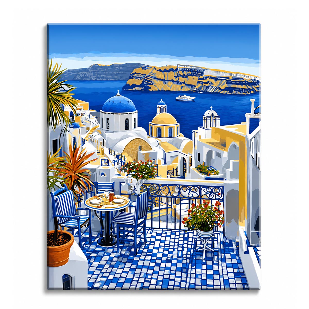 A blue-tiled Santorini terrace set for breakfast overlooking the caldera and blue-domed churches, shown as a paint by numbers canvas.