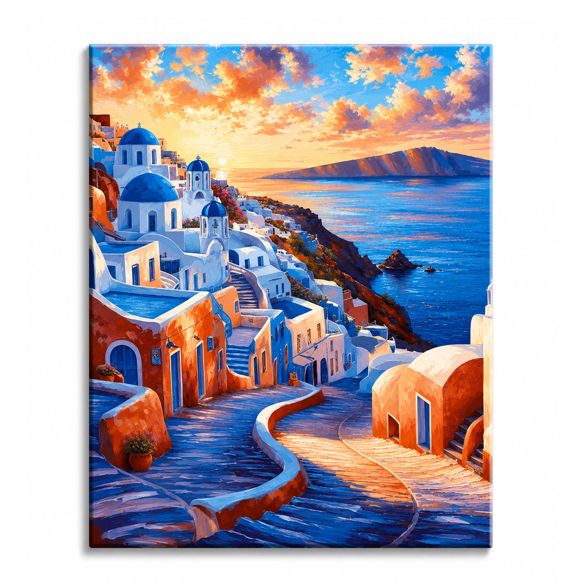 Cobblestone steps winding down a Santorini hillside of blue-domed churches and white houses above a golden sunset sea, shown as a paint by numbers canvas.