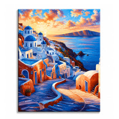 Cobblestone steps winding down a Santorini hillside of blue-domed churches and white houses above a golden sunset sea, shown as a paint by numbers canvas.
