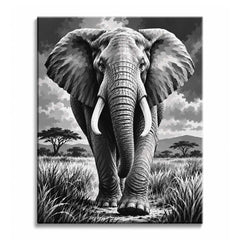 An elephant with wide ears and pale tusks walking toward the viewer through tall savanna grass beneath a cloudy sky, in a black and white paint by numbers design.