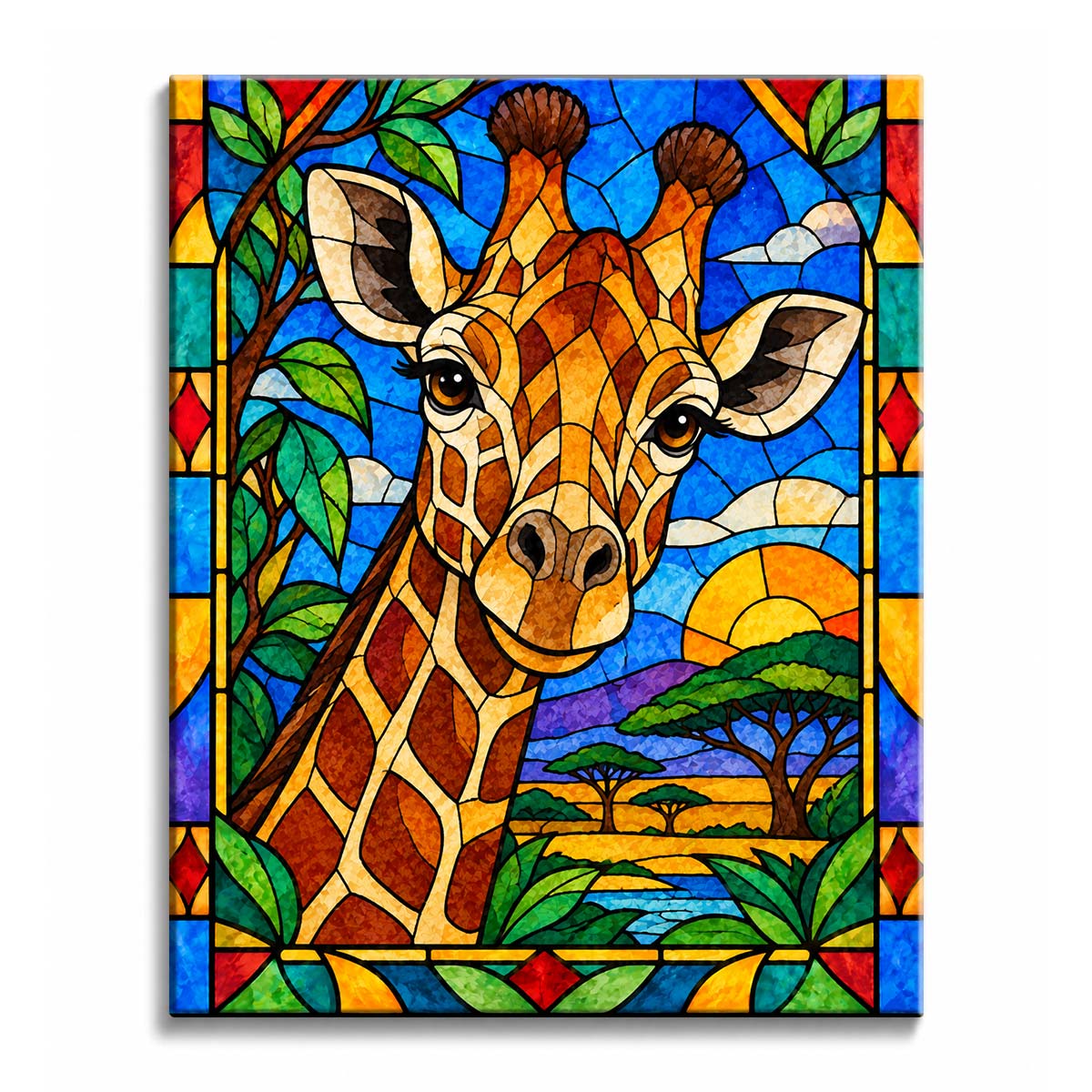 Golden light spreads across the savanna behind a stained glass giraffe paint by numbers design, with green leaves, acacia trees, and violet hills.