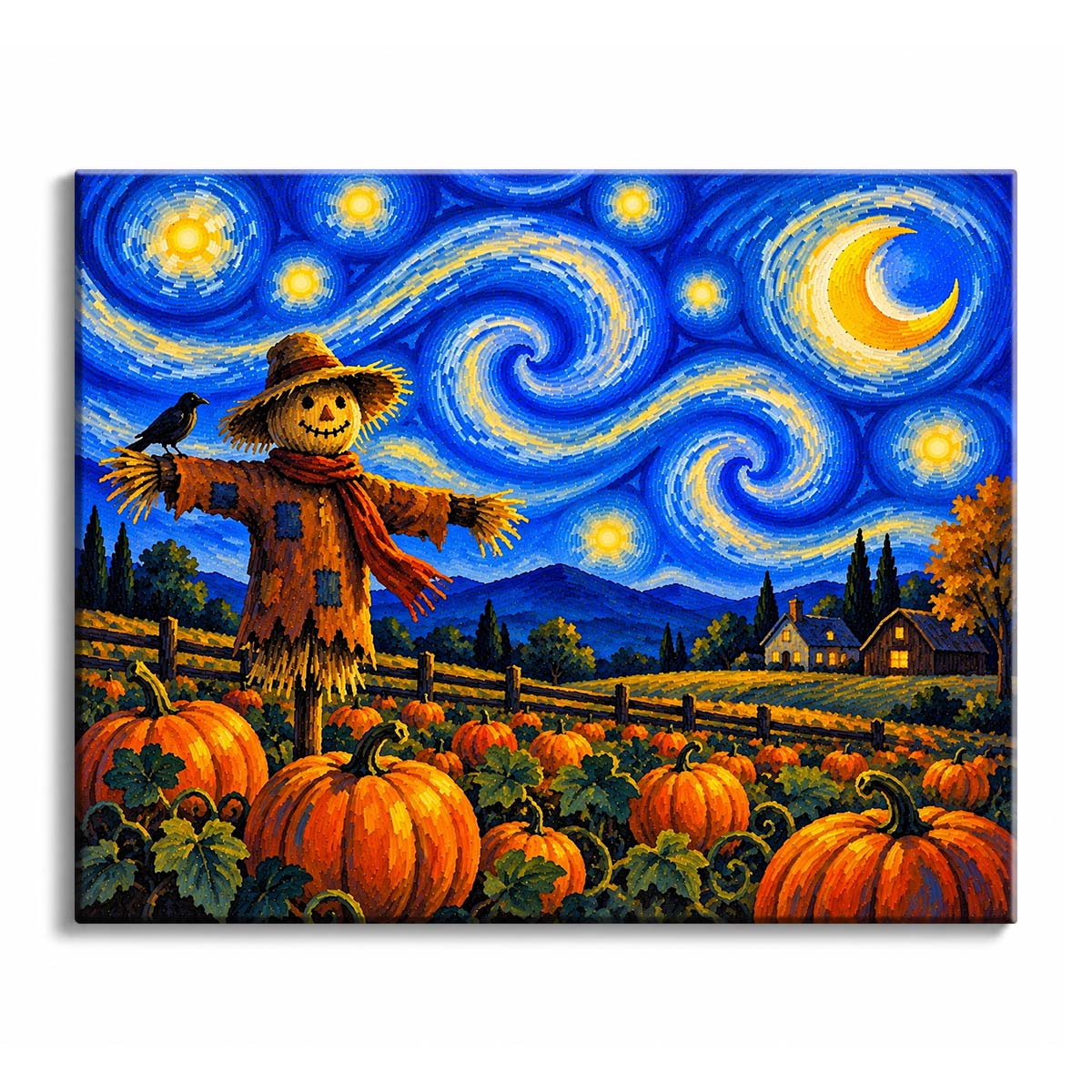 A Van Gogh style scarecrow paint by numbers design showing a scarecrow in a pumpkin patch beneath swirling blue stars and a golden crescent moon.