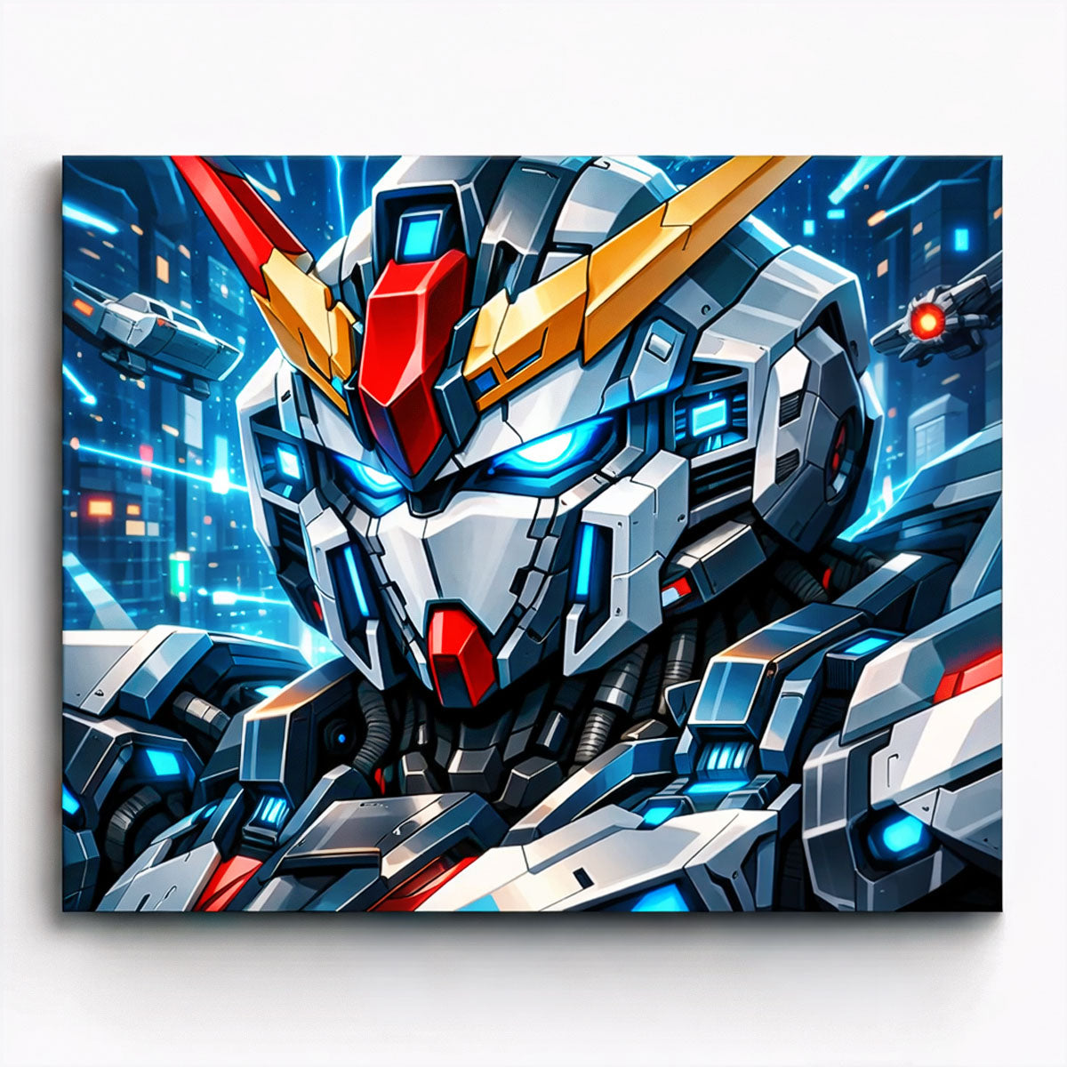 futuristic anime mecha robot head close-up with glowing blue lights paint by numbers design