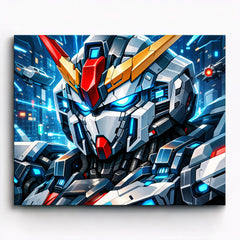 futuristic anime mecha robot head close-up with glowing blue lights paint by numbers design