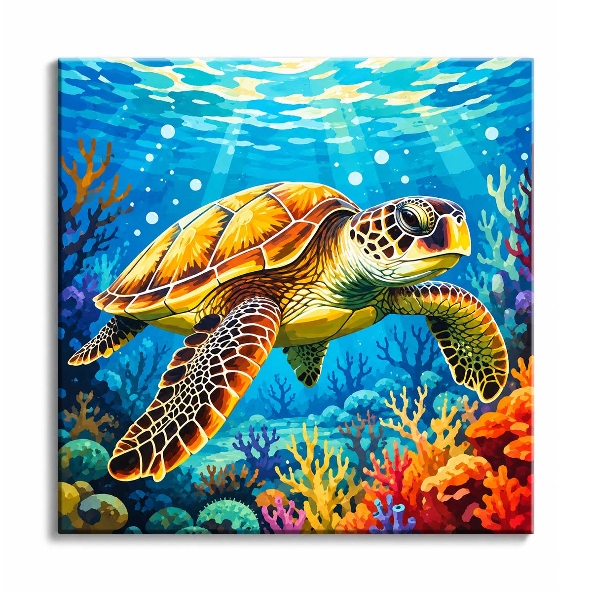 A sea turtle swimming above a coral reef in blue water with sunbeams overhead in a mini paint by numbers design.