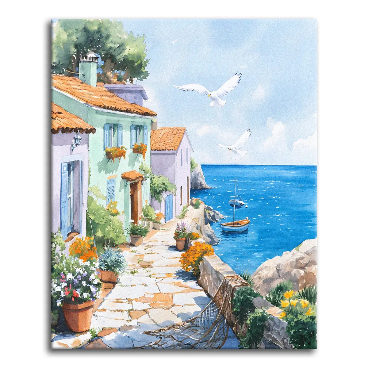 A watercolor paint by numbers canvas of a flower-lined stone path past coastal cottages down to a blue bay, with a moored sailboat and gulls in a clear sky.