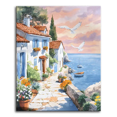 A watercolor paint by numbers canvas of whitewashed seaside cottages along a sunlit stone path, with potted flowers, boats on a calm bay, and gulls in a pastel sky.
