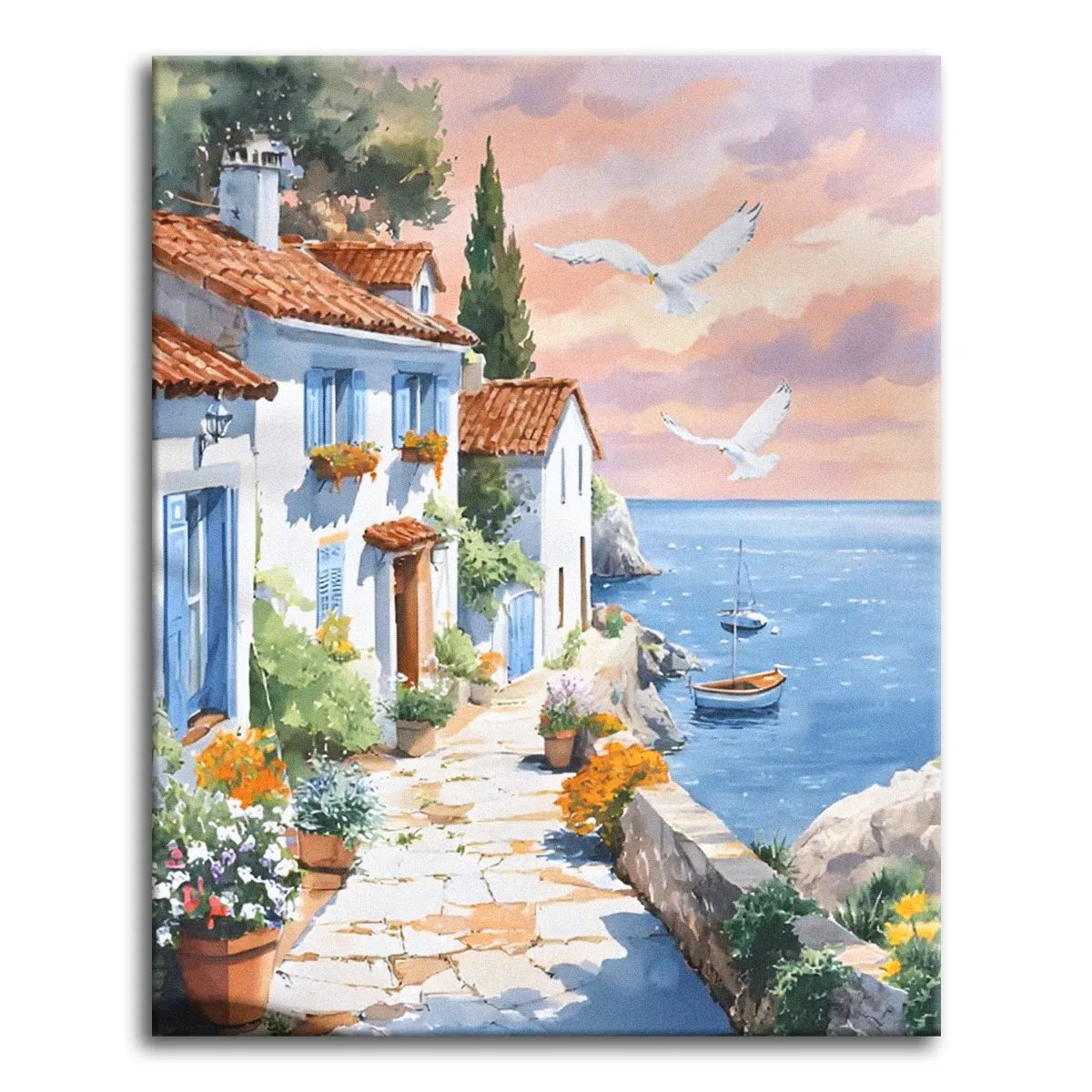 A watercolor paint by numbers canvas of whitewashed seaside cottages along a sunlit stone path, with potted flowers, boats on a calm bay, and gulls in a pastel sky.