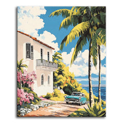A bold, flat-style paint by numbers coastal scene of a turquoise classic car on a sunlit path beside a cream villa with red roof tiles, tall palm trees, pink flowering bushes, and a blue sea under a cloudy sky.