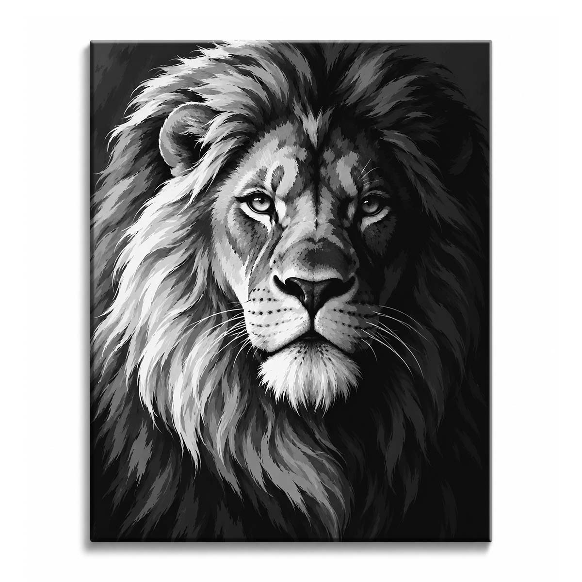 A lion with a full, flowing mane and a steady gaze, lit from the left against a dark backdrop, in a black and white paint by numbers design.
