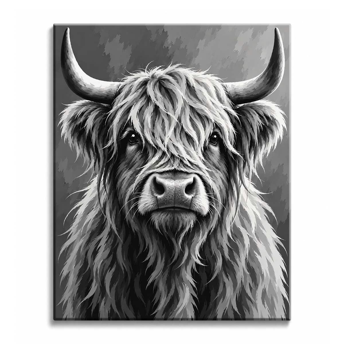 A black and white highland cow paint by numbers design showing a shaggy fringe over dark eyes, curved horns, and a broad nose against a gray backdrop.