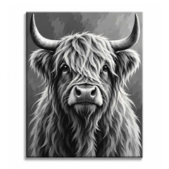 A black and white highland cow paint by numbers design showing a shaggy fringe over dark eyes, curved horns, and a broad nose against a gray backdrop.