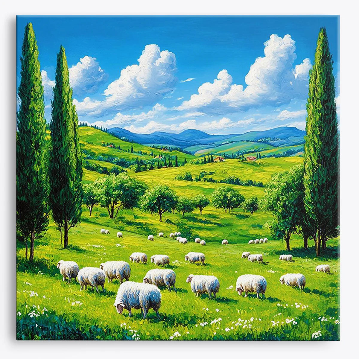 Sheep in green meadow paint by numbers design with cypress trees and hills
