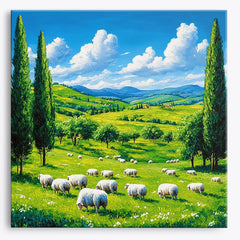 Sheep in green meadow paint by numbers design with cypress trees and hills