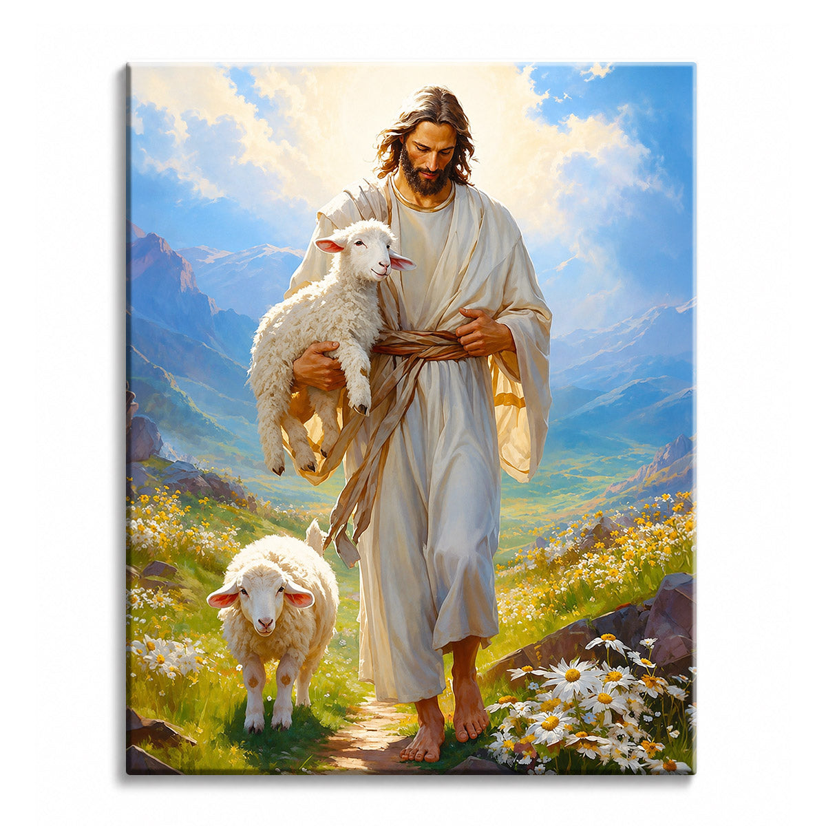 A paint by numbers canvas of Jesus carrying a lamb with another lamb at his side, walking a sunlit mountain path covered in wildflowers.