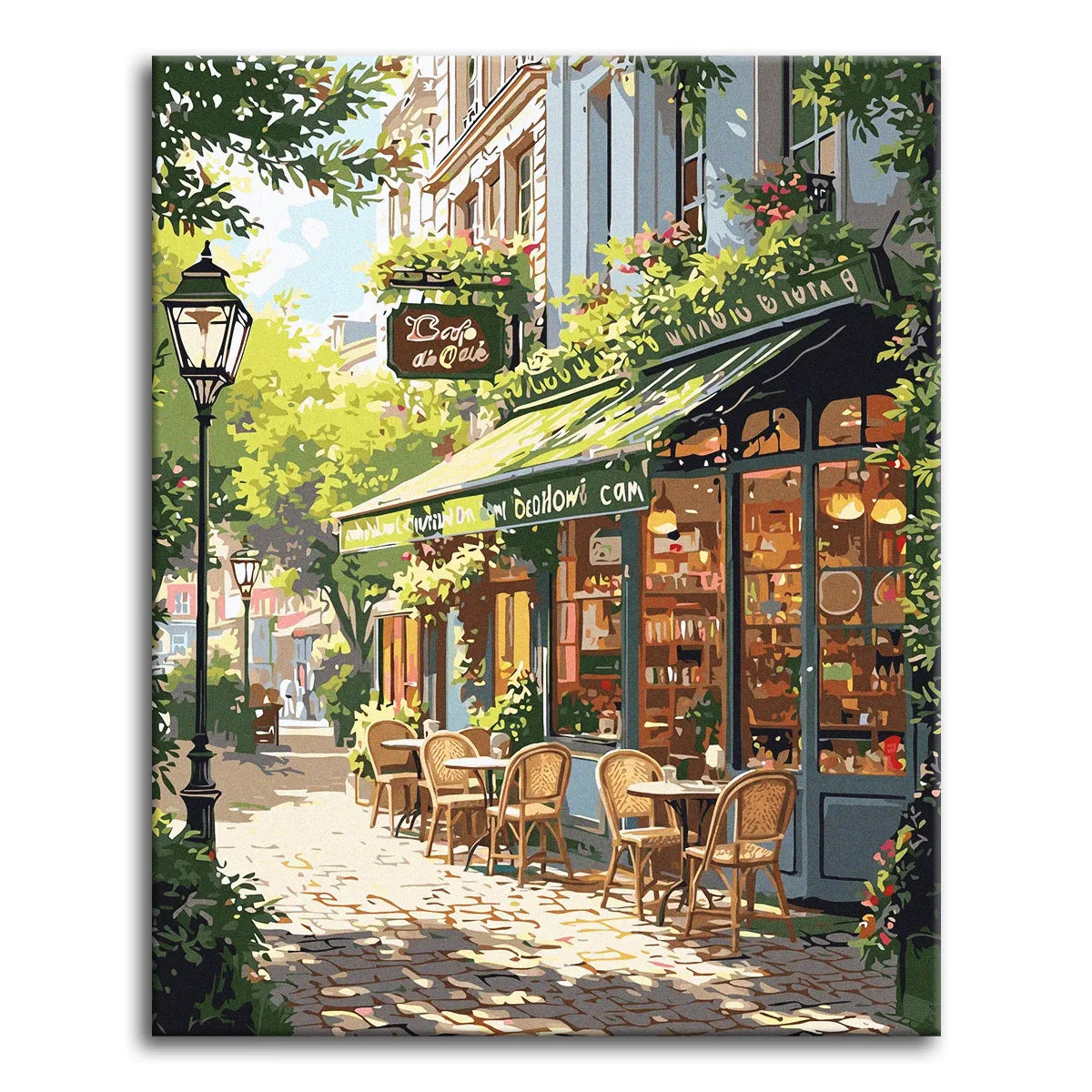 A paint by numbers canvas of a sunlit sidewalk café on a cobblestone street, with wicker chairs, a leafy awning, a street lamp, and dappled light through the trees.