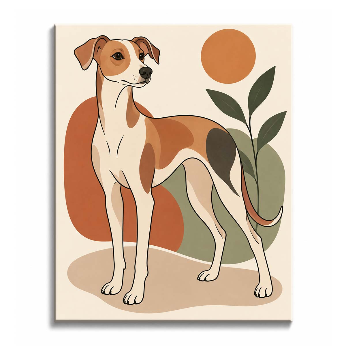 Against rust and olive forms, a slim sighthound stands in a paint by numbers design with leafy framing.