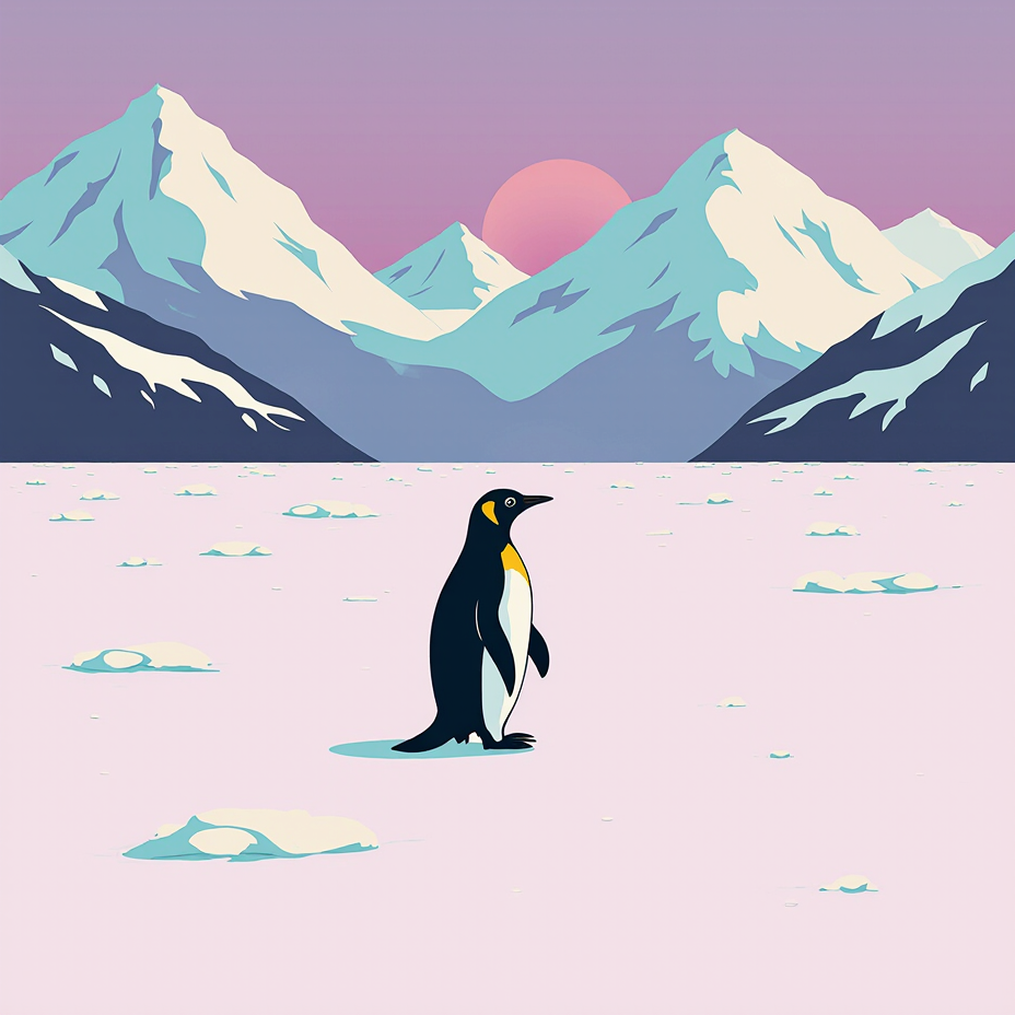 Emperor penguin on pink ice below teal snow mountains and a lavender sky with a rose sun paint by numbers design.