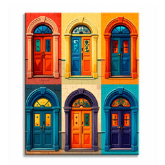 Six arched doorways in red, blue, teal and purple against differently colored walls, shown as a paint by numbers canvas.