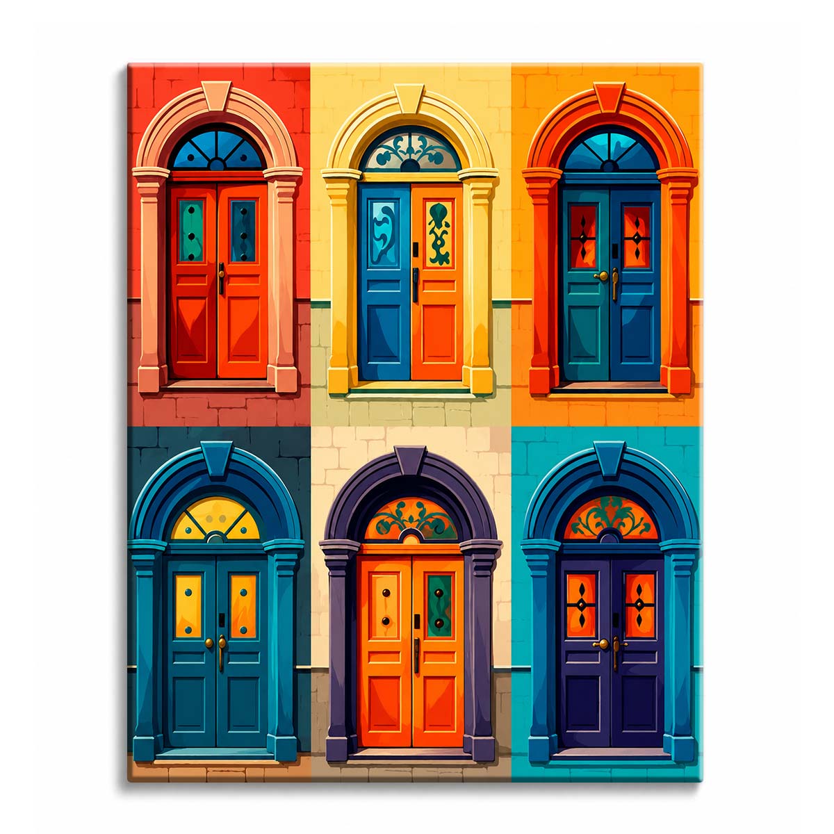 Six arched doorways in red, blue, teal and purple against differently colored walls, shown as a paint by numbers canvas.