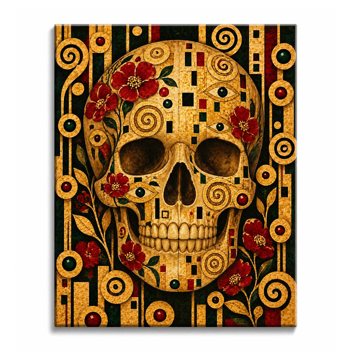 Red flowers bloom across a golden mosaic skull patterned with Klimt-style spirals and eyes, in a paint by numbers design.
