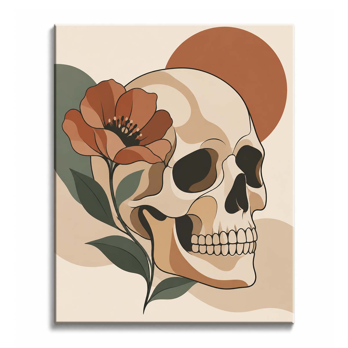 A cream skull with a terracotta poppy at the temple and sage leaves below, set against a rust circle, in a paint by numbers design.