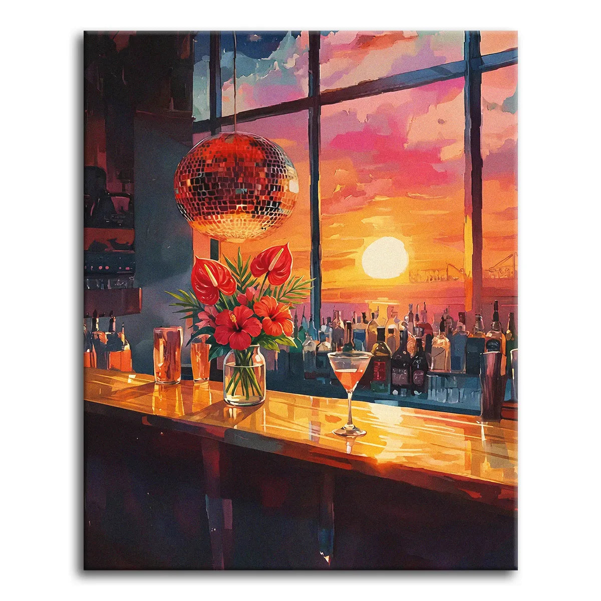 A warm painterly paint by numbers scene of a bar at sunset with a hanging mirror ball, a vase of red tropical flowers, a cocktail glass, and rows of bottles on the counter, with the sun low through a large window.