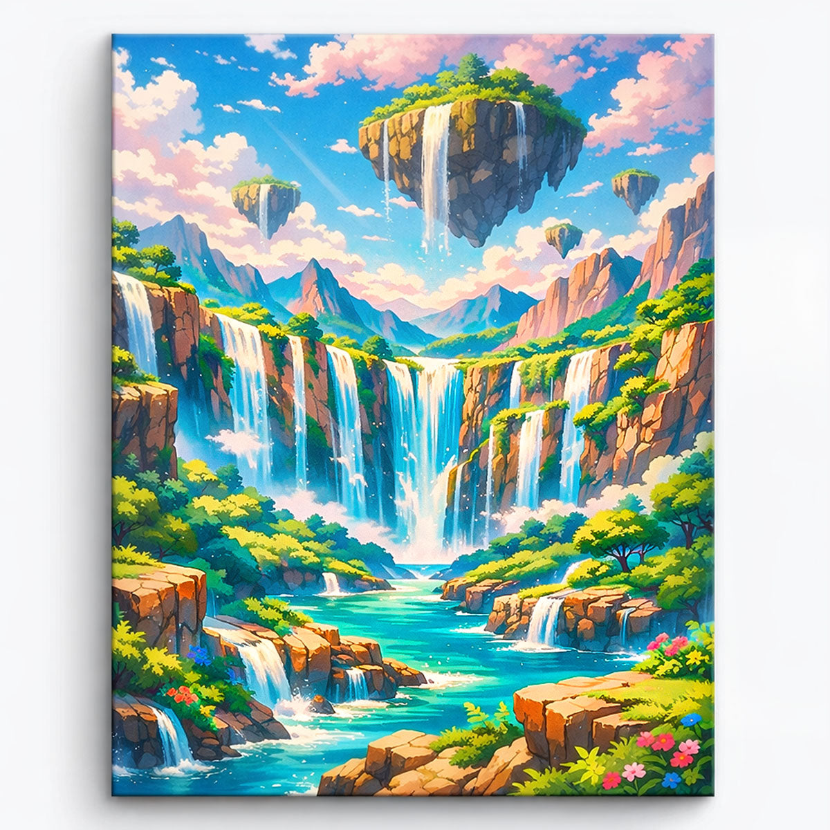 anime style fantasy valley with floating cliffs cascading waterfalls turquoise river and mountain landscape paint by numbers design