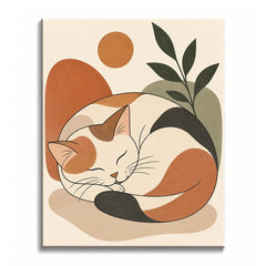 A sleeping cat curls into a cream-and-rust circle, shown as a paint by numbers design with olive leaves behind its back.