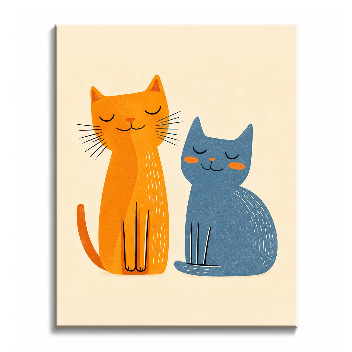 A sleepy cats paint by numbers design showing an orange cat and a blue cat sitting side by side with closed eyes.