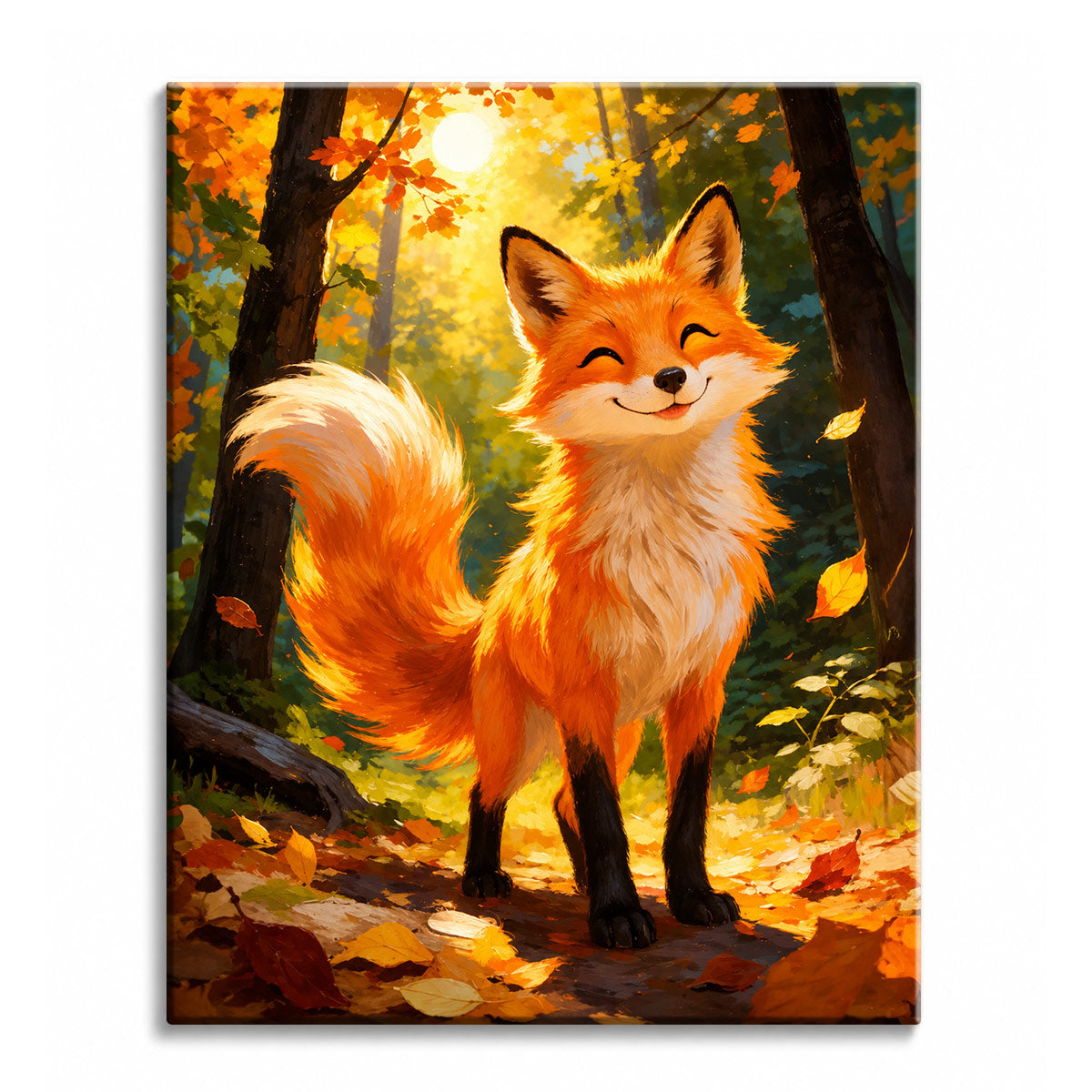 A smiling fox standing on a leaf-covered path in an autumn forest with golden sunlight through the trees, shown as a paint by numbers canvas.
