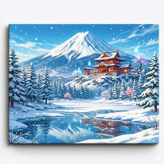 anime style snowy mountain temple near frozen river with mountain reflection winter fantasy landscape paint by numbers design