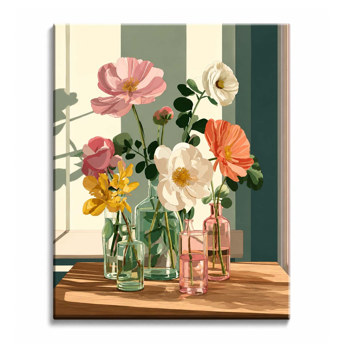A flowers in bottles paint by numbers design showing single stems in glass bottles on a wooden table against sage stripes.