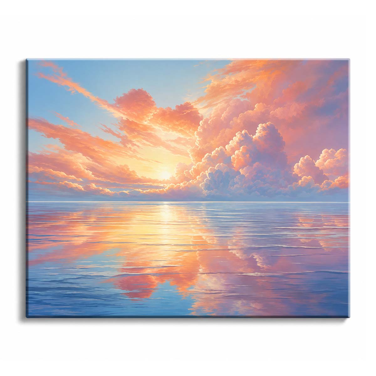 Peach and lavender clouds gather above a flat sea at sunset, their color mirrored in long bands across the still water, in a paint by numbers design.