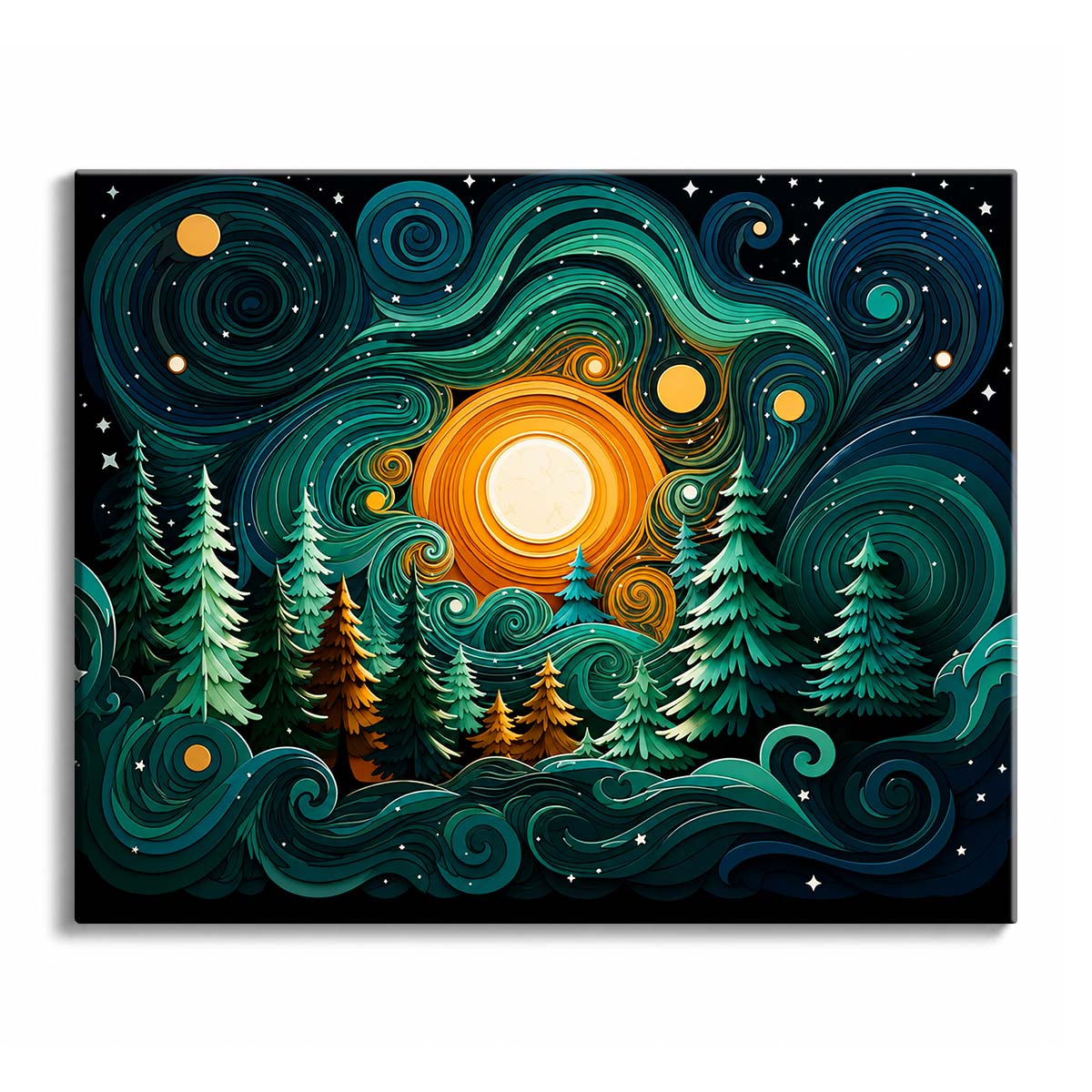 Snow-covered fir trees stand beneath a night sky of layered green and blue spirals around a glowing orange moon, in a paint by numbers design.