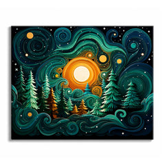 Snow-covered fir trees stand beneath a night sky of layered green and blue spirals around a glowing orange moon, in a paint by numbers design.