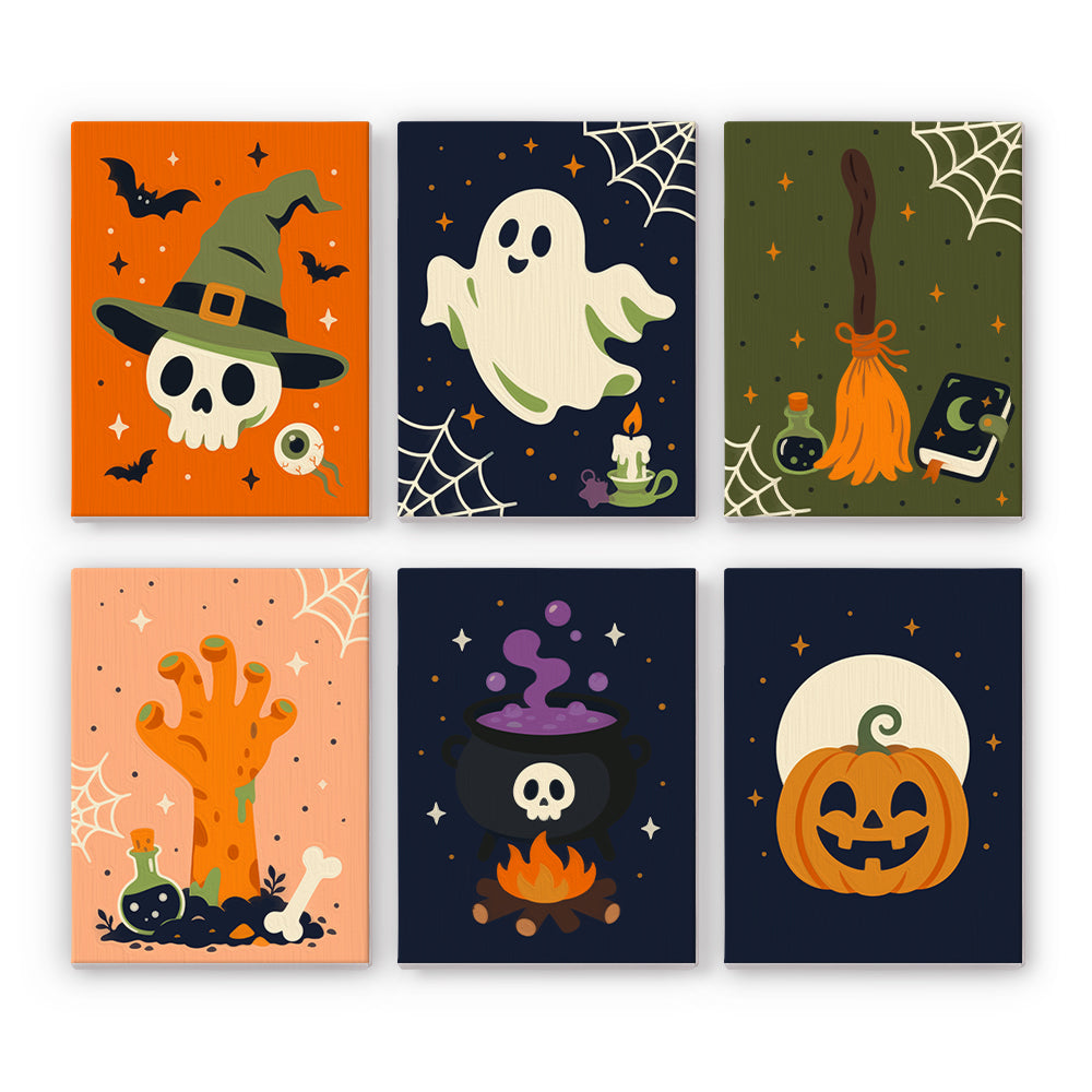 Across six flat retro designs, a skull in a witch hat, a ghost, a broom, a cauldron, and a jack-o'-lantern make up a spooky paint by numbers mini set.