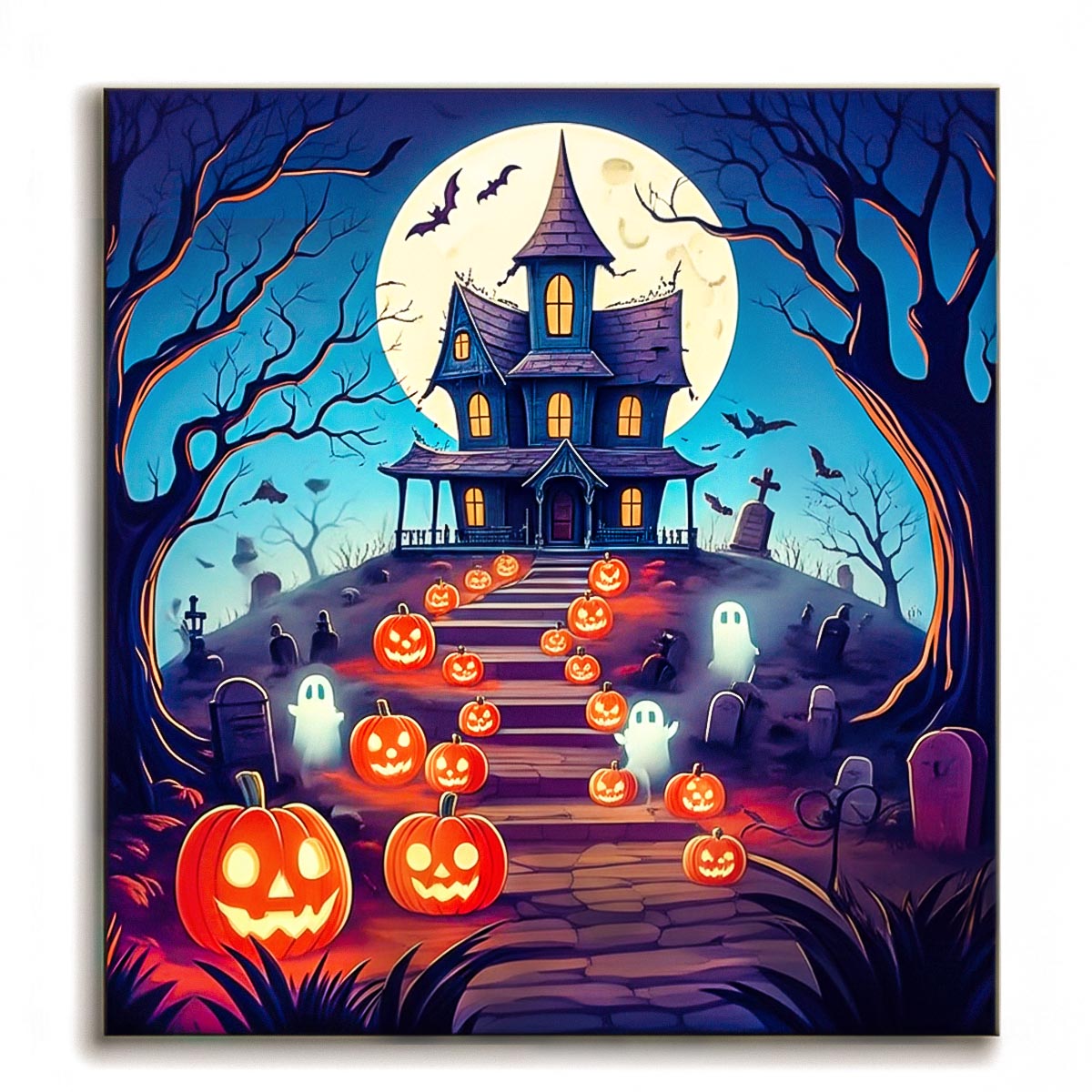 Haunted house Halloween paint by numbers design with pumpkins, ghosts, bats, and full moon