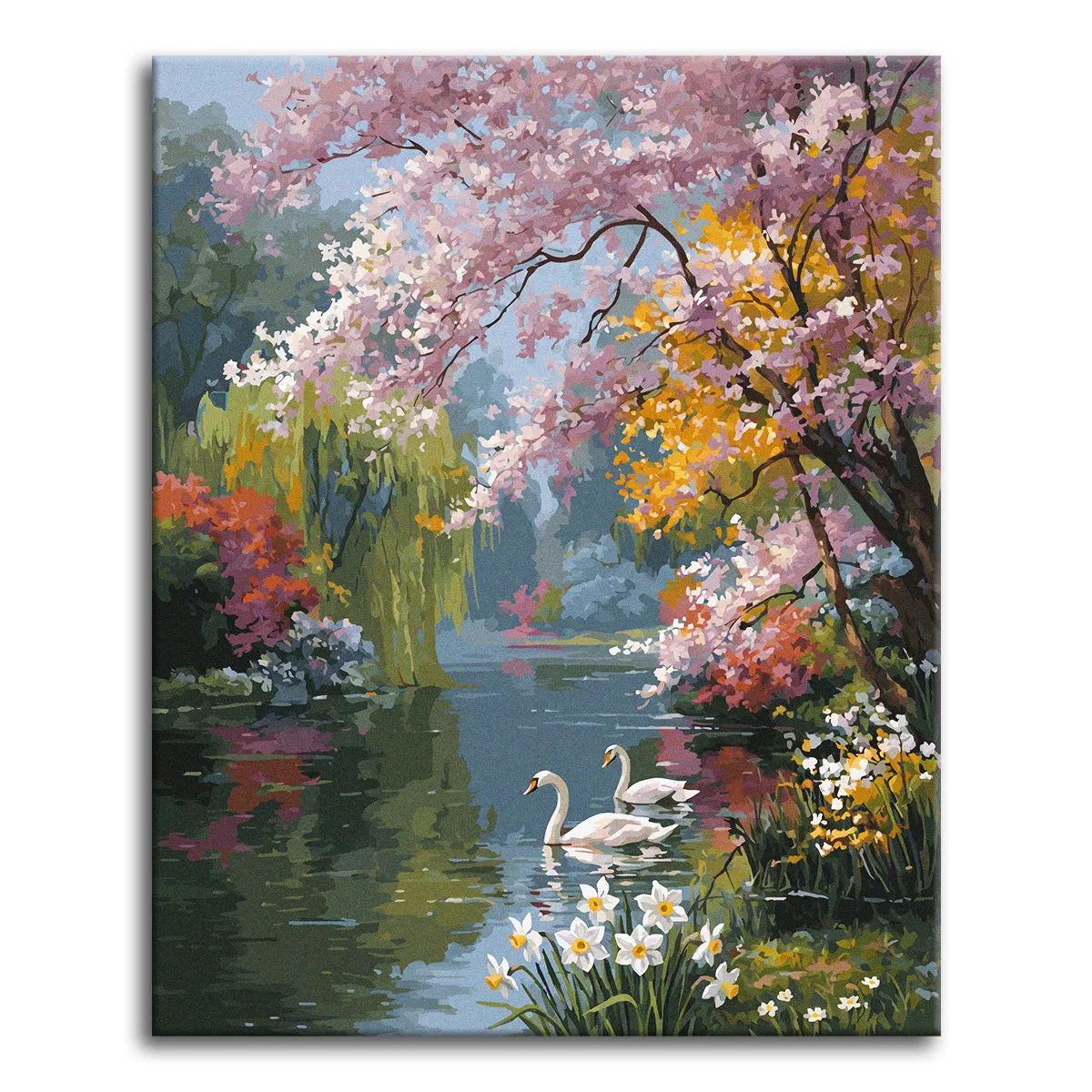 A paint by numbers spring scene with two white swans on a still pond under pink cherry blossom, willows, and daffodils.