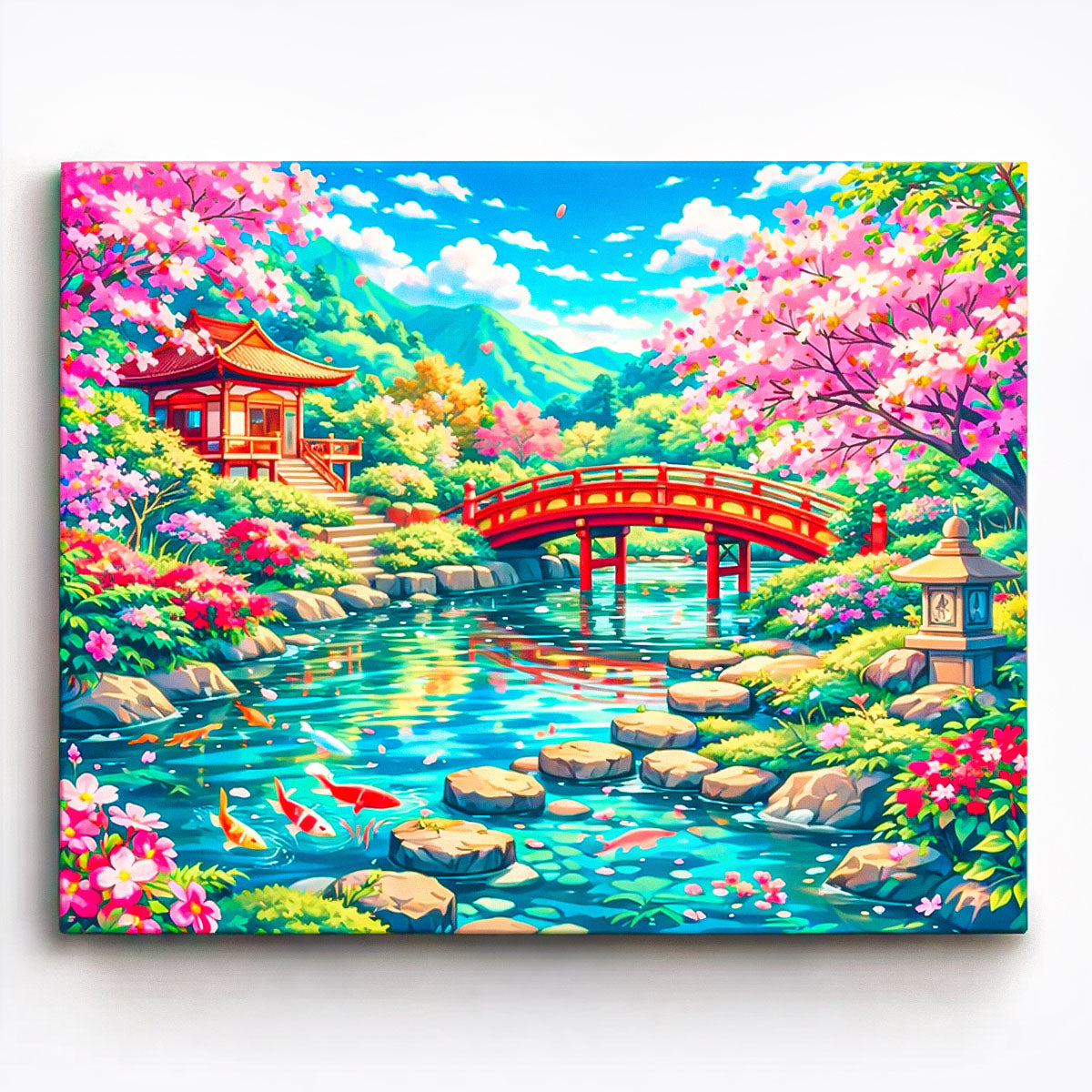 anime japanese garden with red bridge koi pond cherry blossoms and pavilion paint by numbers design