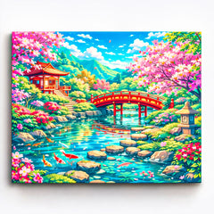anime japanese garden with red bridge koi pond cherry blossoms and pavilion paint by numbers design