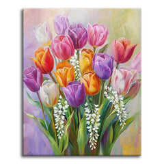 A painterly bouquet of purple, pink, orange, and white tulips with trailing white blossoms against a soft pastel background, shown as a paint by numbers canvas.